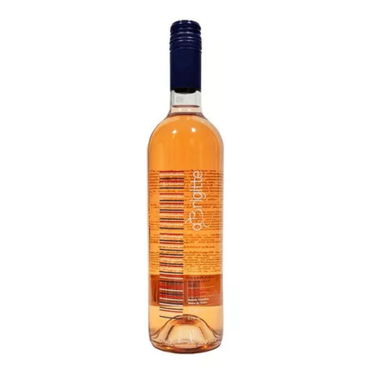 Garrafa de vinho frisante rosé Abrigitte vista pela parte traseira, com tampa azul-escura.
