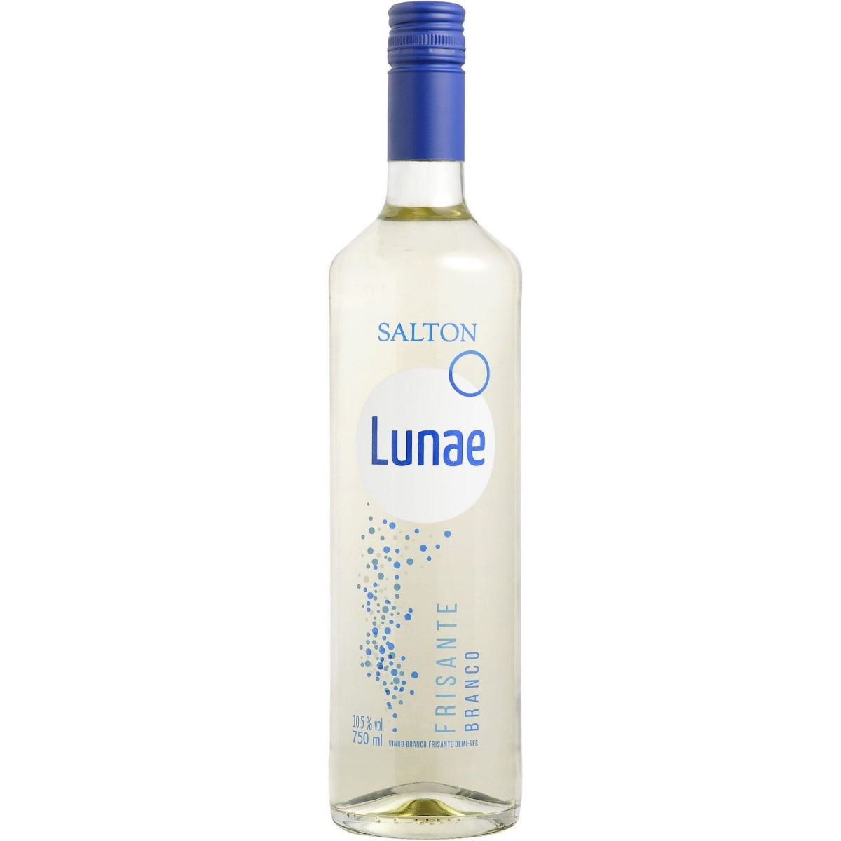 Garrafa de Vinho Frisante Branco Salton Lunae Demi-Sec 750 ml com tampa azul.