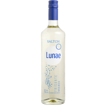 Garrafa de Vinho Frisante Branco Salton Lunae Demi-Sec 750 ml com tampa azul.