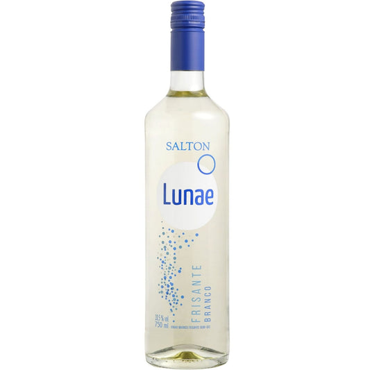 Garrafa de Vinho Frisante Branco Salton Lunae Demi-Sec 750 ml com tampa azul.