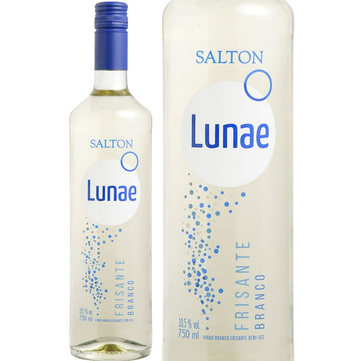 Garrafa Salton Lunae Frisante Branco ao lado de um detalhe ampliado do rótulo.
