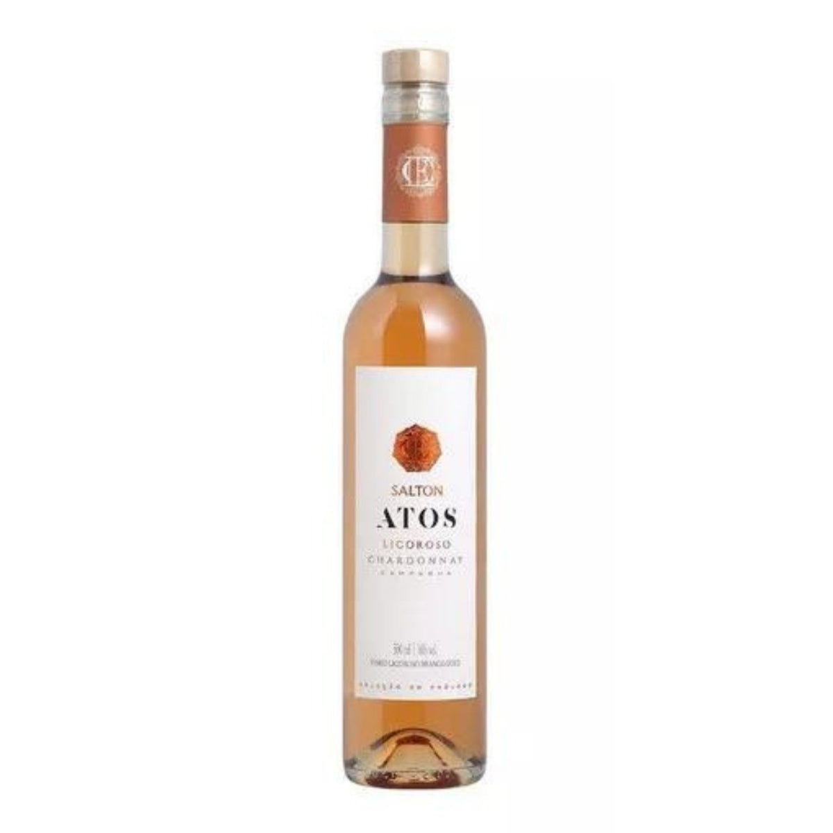 Garrafa de vinho licoroso Salton Atos Chardonnay em tom dourado, com rótulo branco.