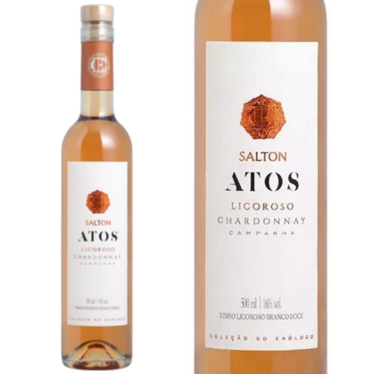 Garrafa e detalhe do rótulo Salton Atos Licoroso Chardonnay, com indicação de 500 ml.