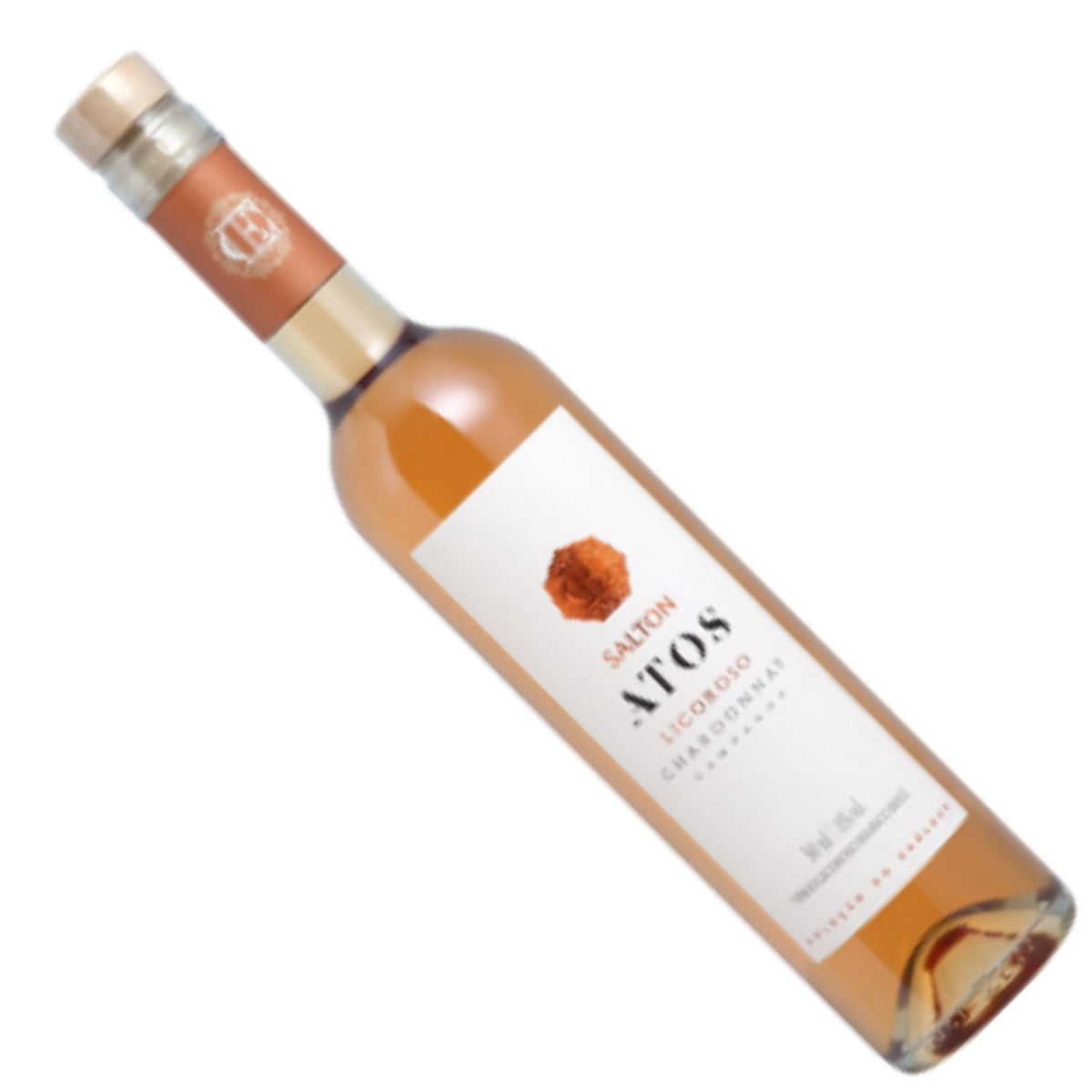 Garrafa inclinada do vinho Salton Atos Licoroso Chardonnay, com líquido dourado e rótulo branco.