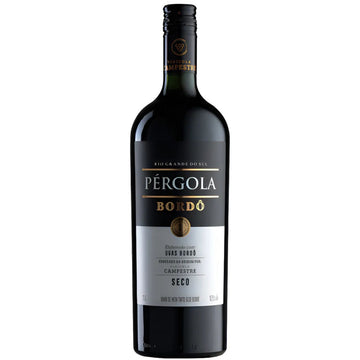 Garrafa de vinho tinto Pérgola Bordô seco de 1 litro ao lado de um detalhe do rótulo.