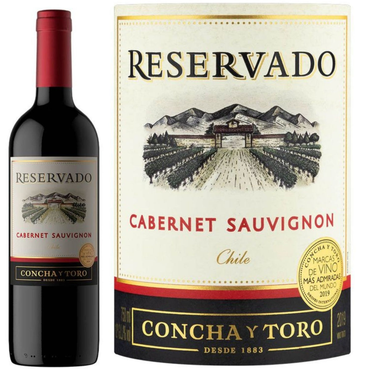 Garrafa de vinho Concha y Toro Reservado Cabernet Sauvignon ao lado de um close do rótulo, que indica Chile.
