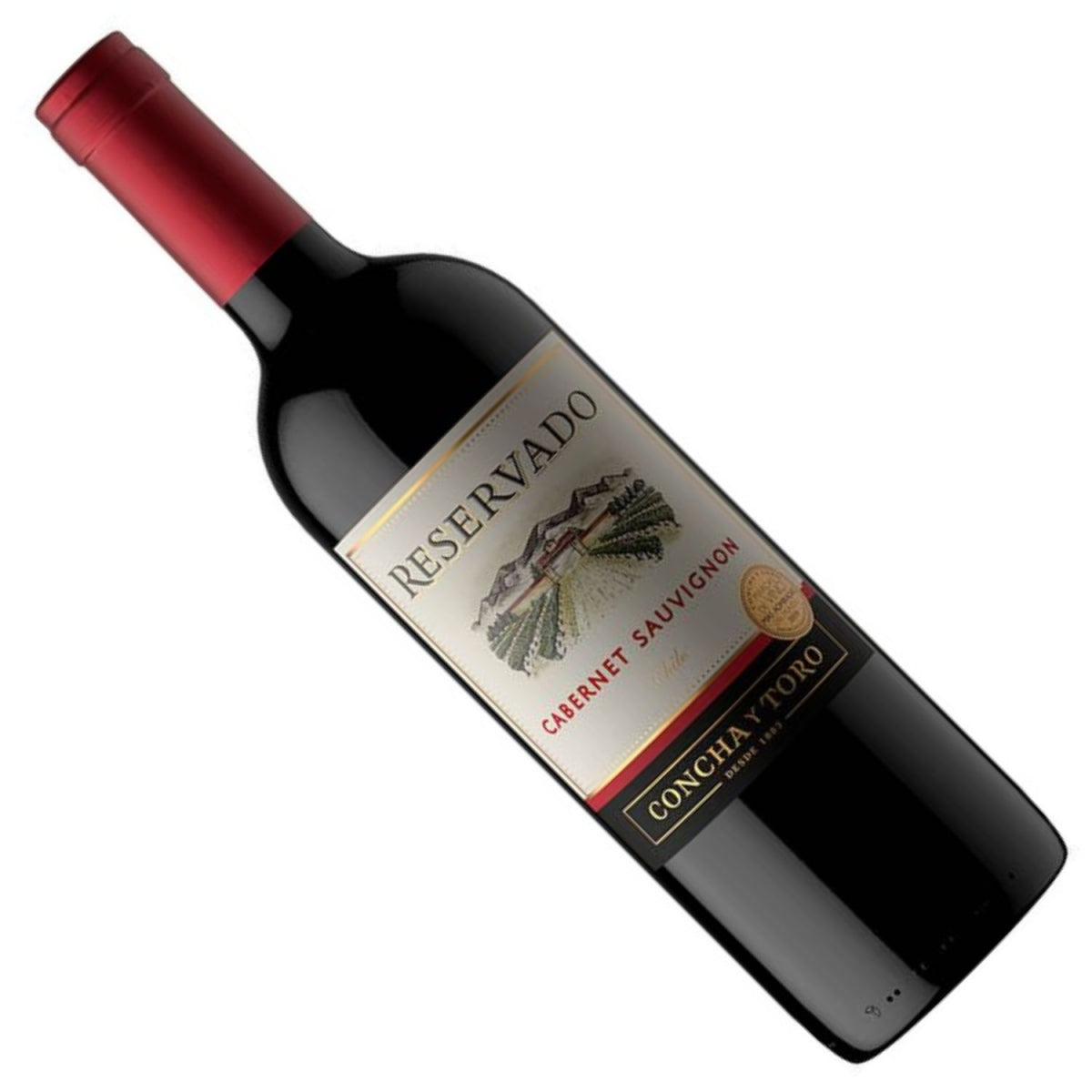Garrafa de vinho tinto Concha y Toro Reservado Cabernet Sauvignon inclinada, com rótulo claro e cápsula vermelha.