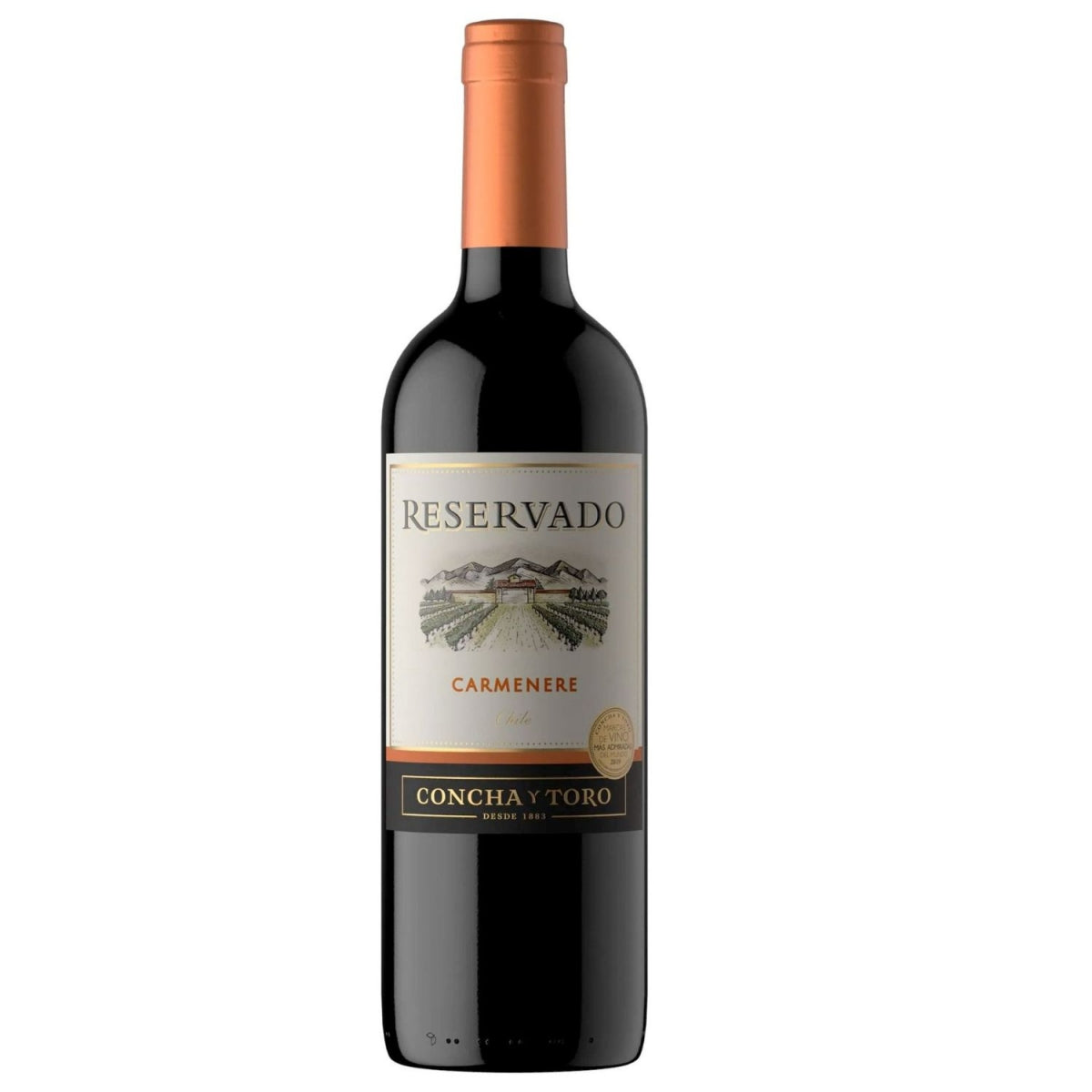 Garrafa de vinho Concha y Toro Reservado Carmenere com rótulo frontal visível.