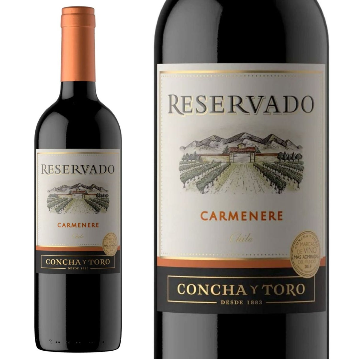 Garrafa Concha y Toro Reservado Carmenere ao lado de um close do rótulo.