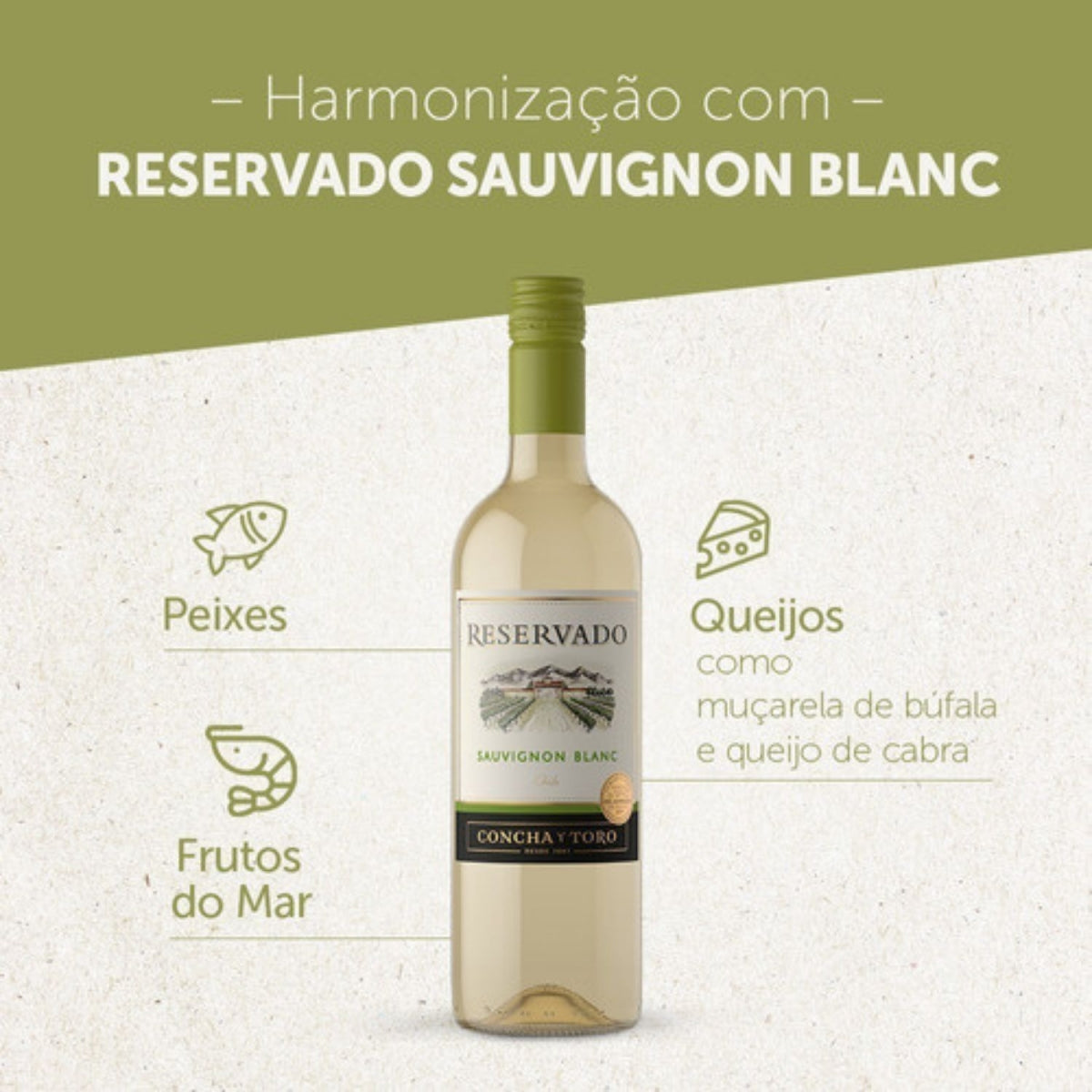 Garrafa de Sauvignon Blanc Reservado com sugestões de harmonização com peixes, frutos do mar e queijos