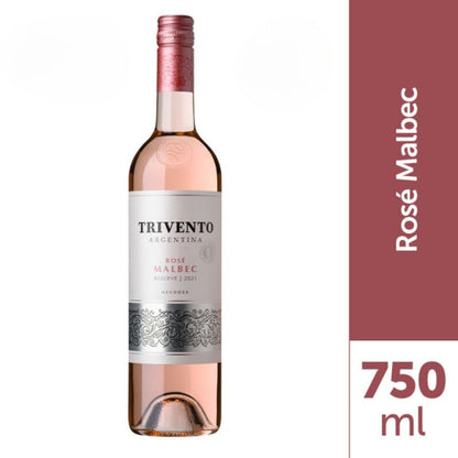 Garrafa de vinho rosé Trivento Reserva Malbec 750 ml com rótulo branco e detalhes ornamentais.