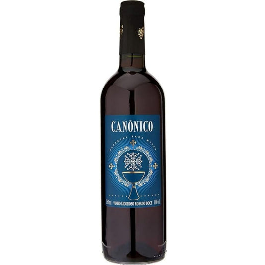 Garrafa de vinho Canonico Salton com rótulo azul e indicação de vinho licoroso rosado doce, 750 ml.