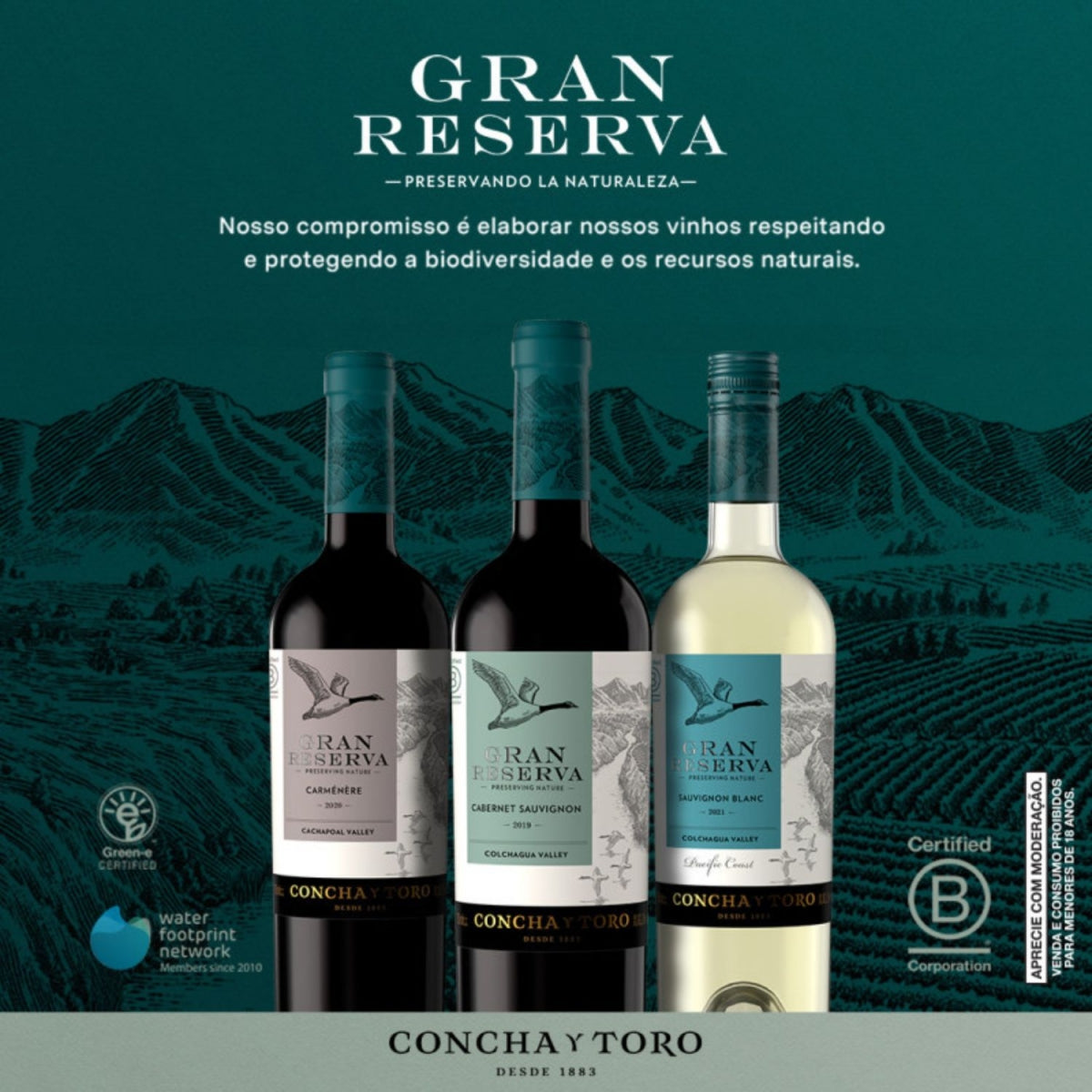 Imagem da linha Gran Reserva Concha y Toro com garrafas de Carménère, Cabernet Sauvignon e Sauvignon Blanc.