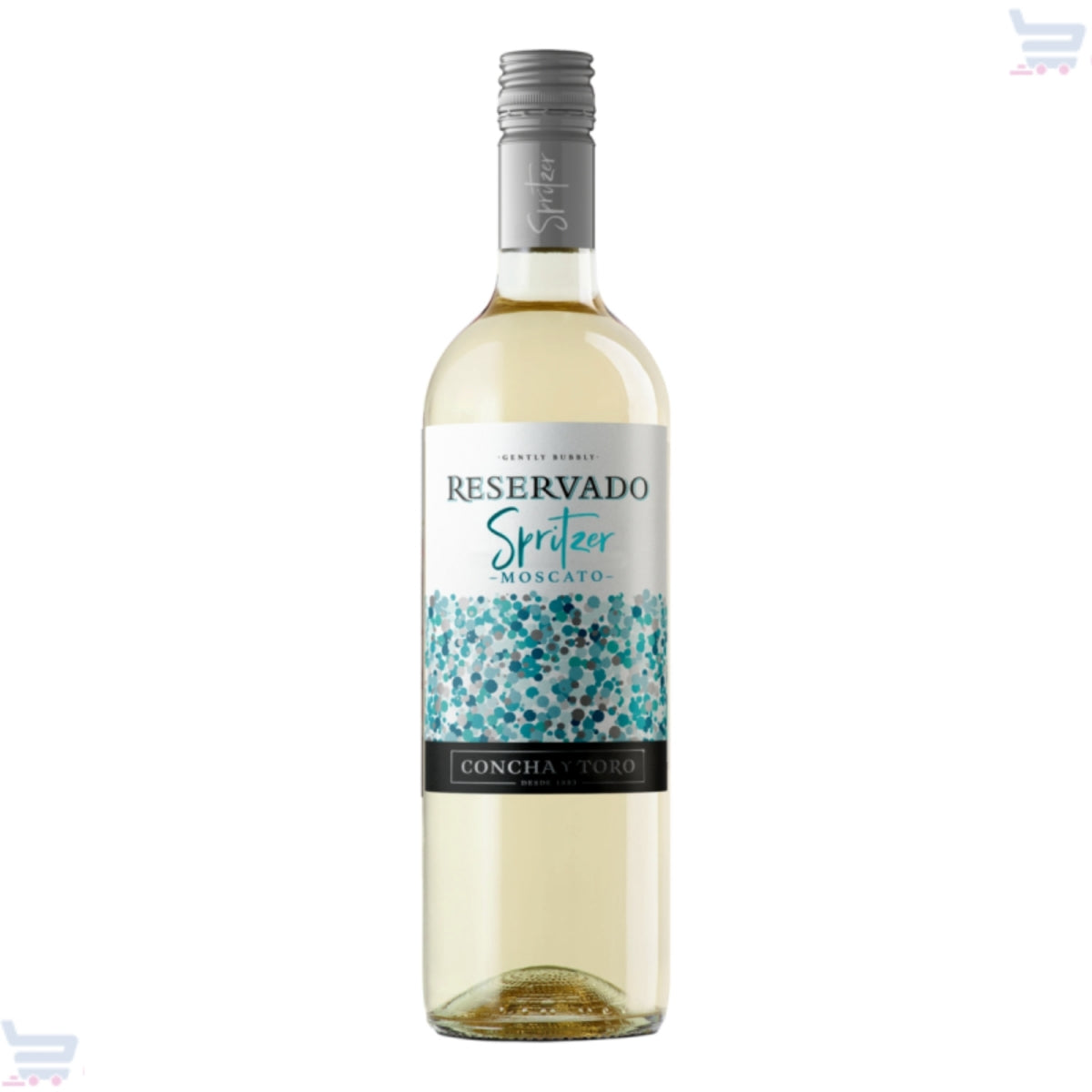 Garrafa de vinho branco Reservado Spritzer Moscato Concha y Toro, com rótulo branco e detalhes em azul e turquesa.