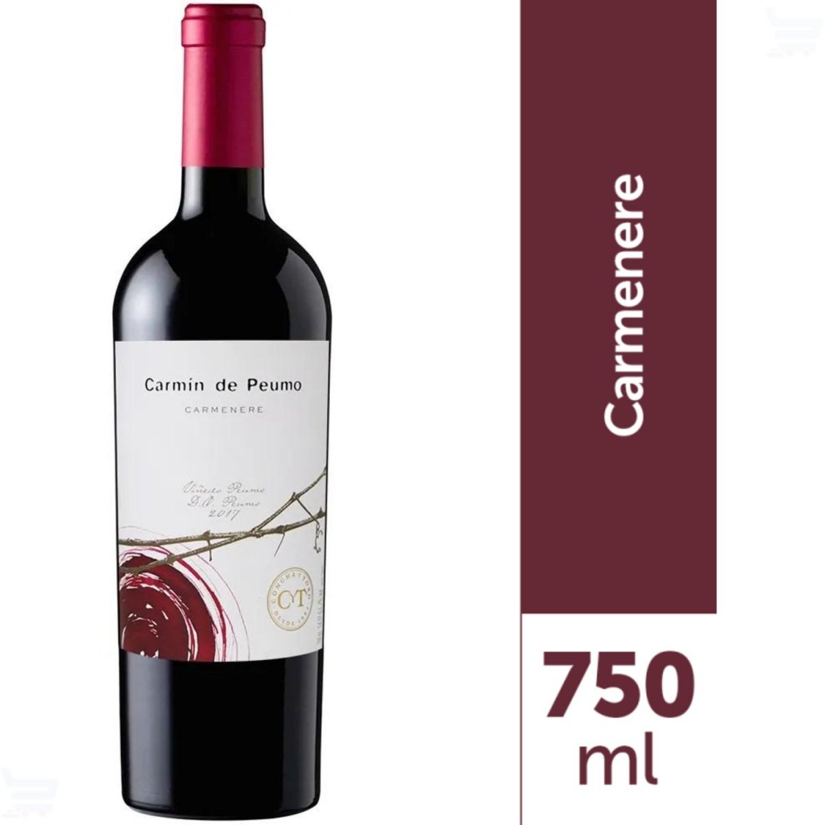 Garrafa de vinho Carmin de Peumo Carmenere 2017, com cápsula bordô e rótulo branco, ao lado da indicação de 750 ml.