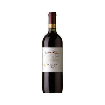 Garrafa de vinho tinto Cousino Macul Don Luis Syrah com rótulo branco.