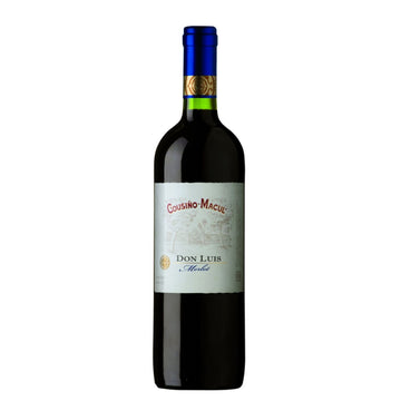 Garrafa de vinho tinto Cousino Macul Don Luis Merlot com cápsula azul e rótulo claro.