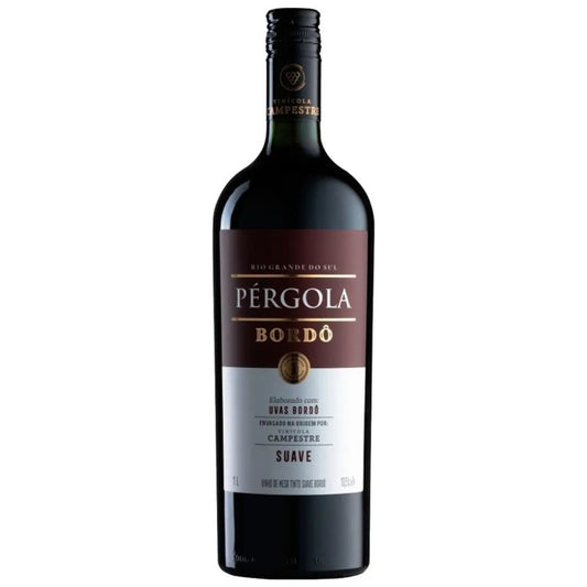 Garrafa de vinho tinto suave Pérgola Bordô de 1 litro, com rótulo marrom e branco.