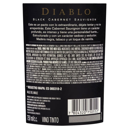 Contrarrótulo do vinho Diablo Black com informações, código de barras e volume de 750 ml