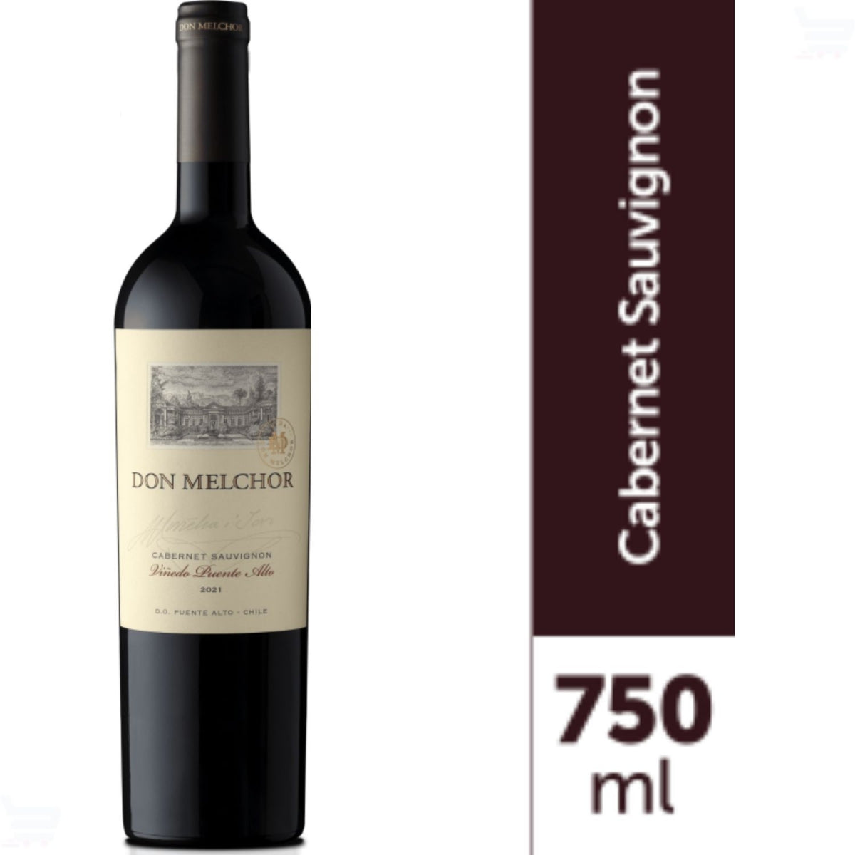 Garrafa de vinho Don Melchor Cabernet Sauvignon com indicação de 750 ml; o rótulo mostra a safra 2021.