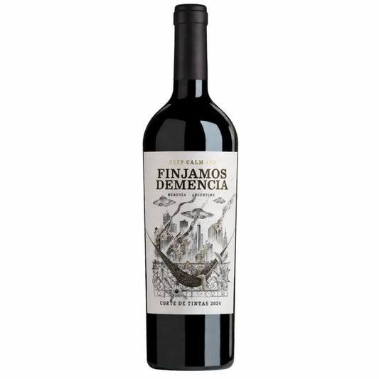 Garrafa de vinho tinto Finjamos Demencia Corte de Tintas 2024 com rótulo branco.