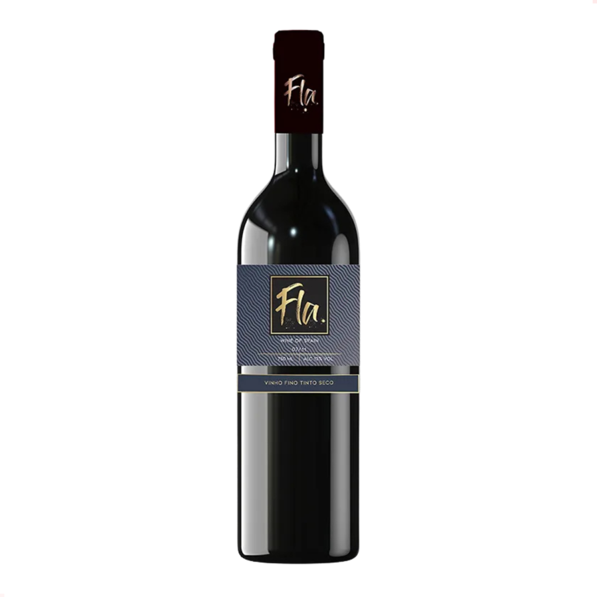 Garrafa de vinho tinto Fla com rótulo azul-escuro e dourado.