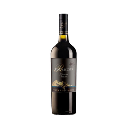 Garrafa de vinho tinto Los Riscos Reserva Merlot com rótulo cinza e preto.