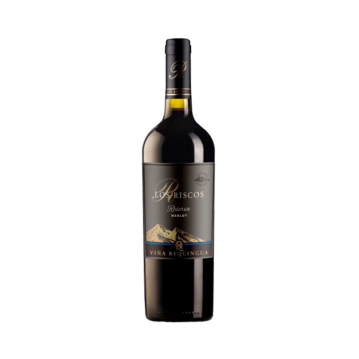 Vinho Los Riscos Reserva Merlot em garrafa escura com rótulo ilustrado.