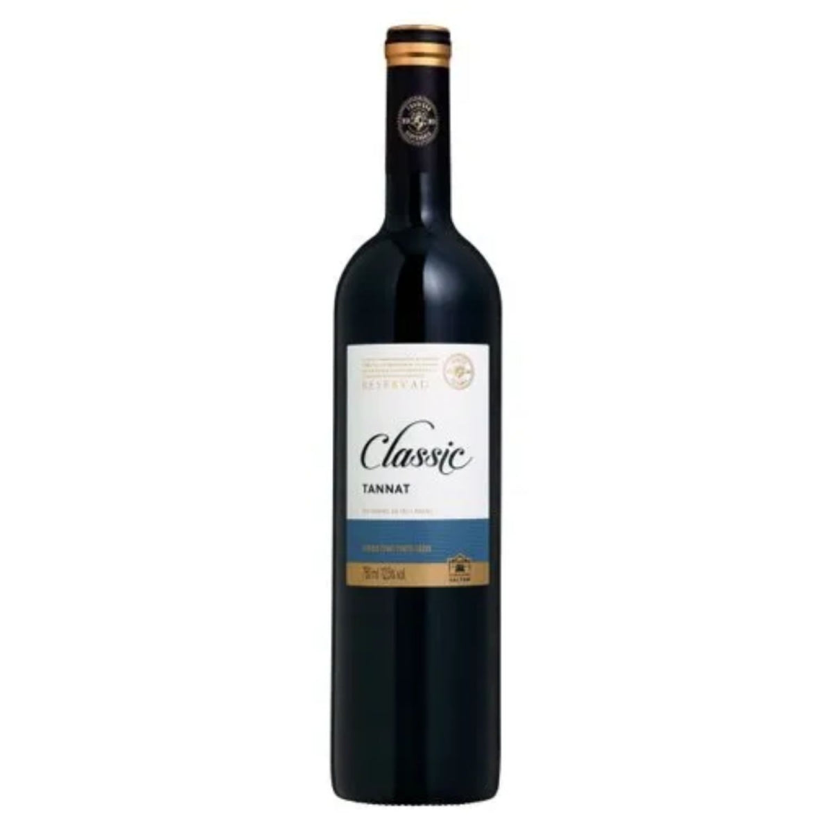 Garrafa escura de vinho Salton Classic Tannat com rótulo branco, azul e dourado