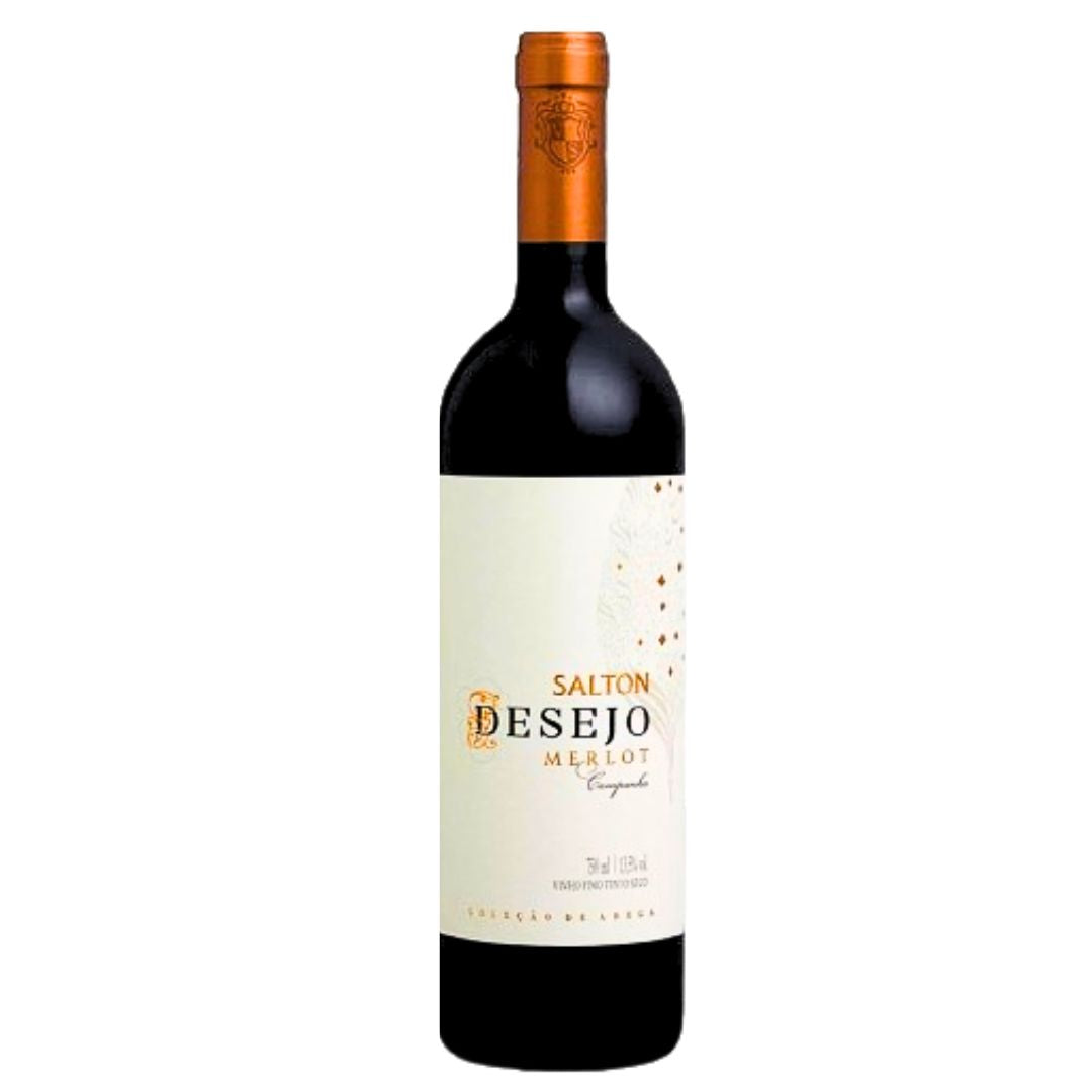 Garrafa de vinho tinto Salton Desejo Merlot com rótulo claro e gargalo cobre.