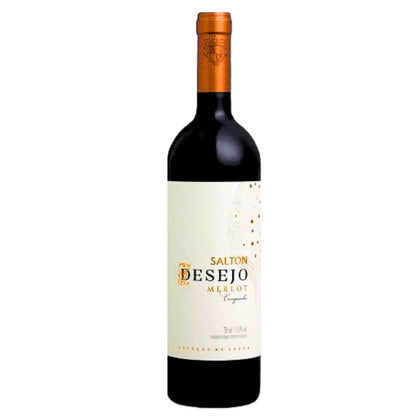 Garrafa de vinho tinto Salton Desejo Merlot com rótulo claro e gargalo cobre.
