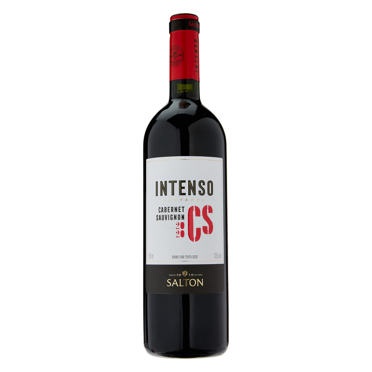 Garrafa de vinho tinto Salton Intenso Cabernet Sauvignon com rótulo branco e cápsula vermelha