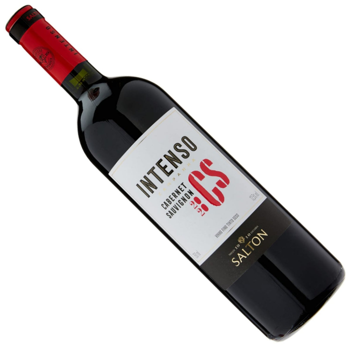 Garrafa de vinho Salton Intenso inclinada, com rótulo Cabernet Sauvignon visível