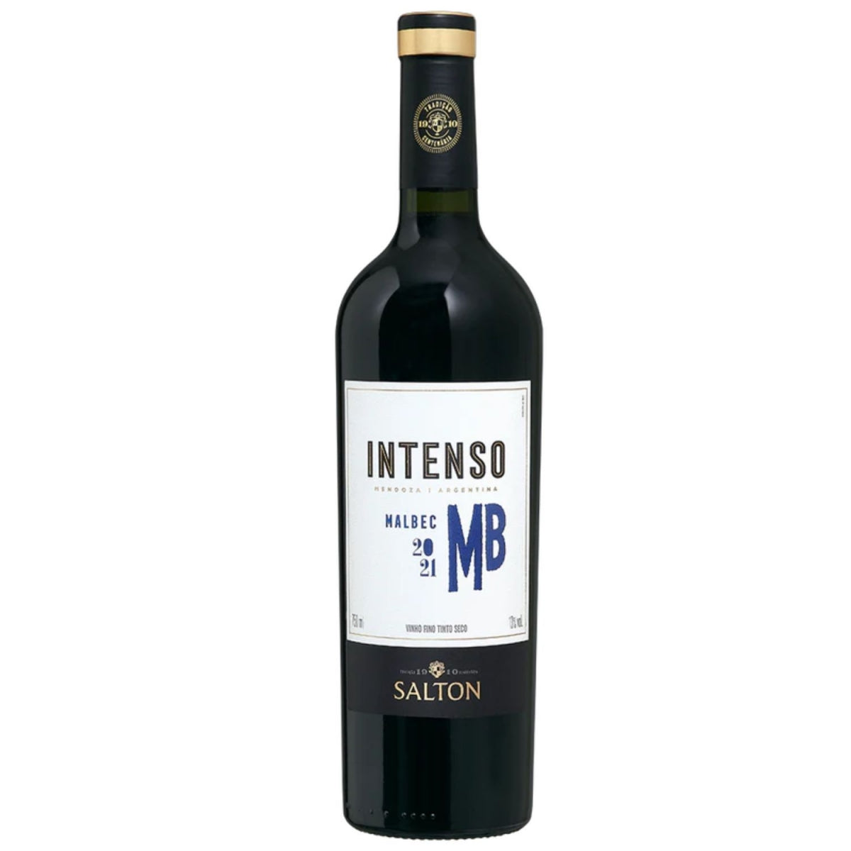 Garrafa de vinho tinto Salton Intenso Malbec com rótulo branco e cápsula preta e dourada.
