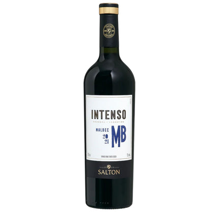 Garrafa de vinho tinto Salton Intenso Malbec com rótulo branco e cápsula preta e dourada.