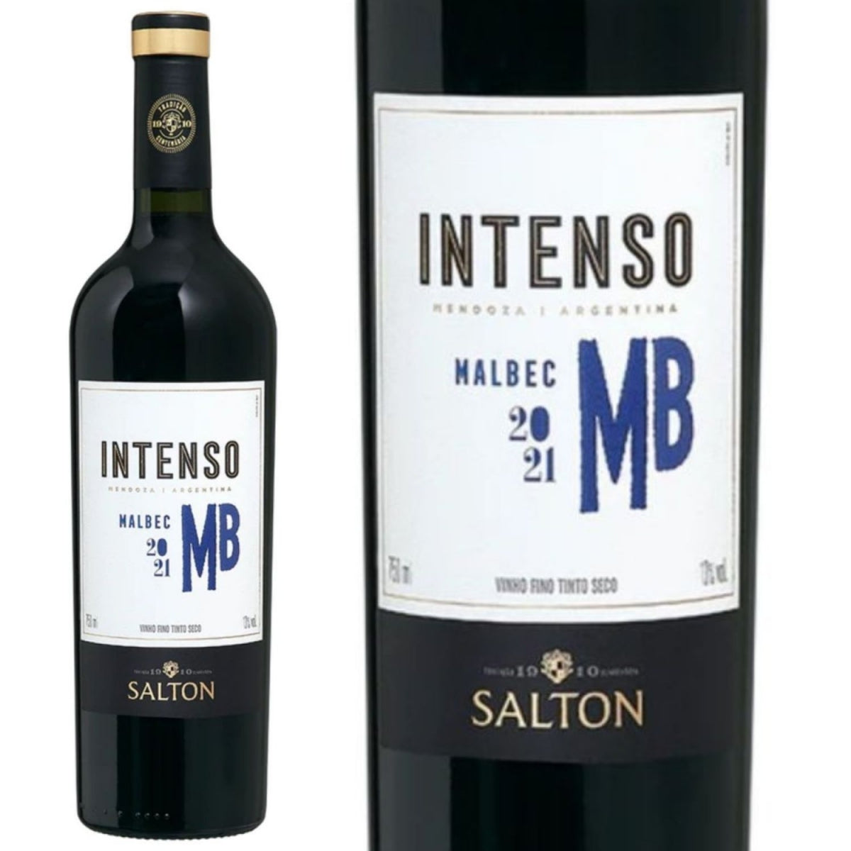 Garrafa Salton Intenso Malbec ao lado de detalhe do rótulo, que mostra Mendoza, Malbec e safra 2021.