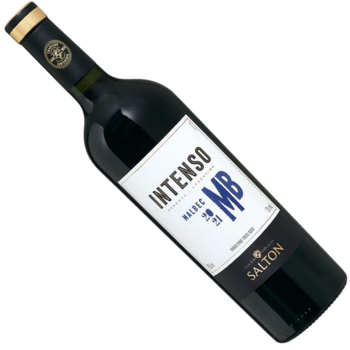 Garrafa de vinho Salton Intenso Malbec inclinada, com rótulo branco e letras azuis.