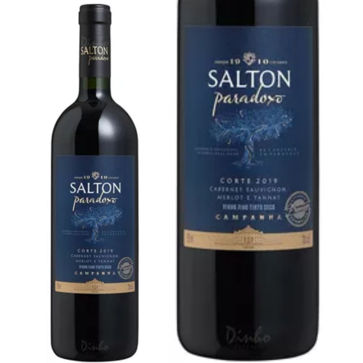 Garrafa Salton Paradoxo ao lado de um close do rótulo Corte 2019.