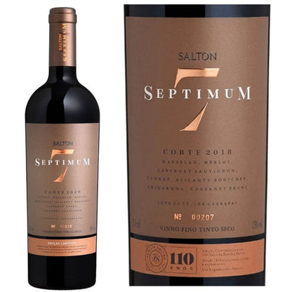 Garrafa Salton Septimum ao lado de um close do rótulo, que mostra Corte 2018.