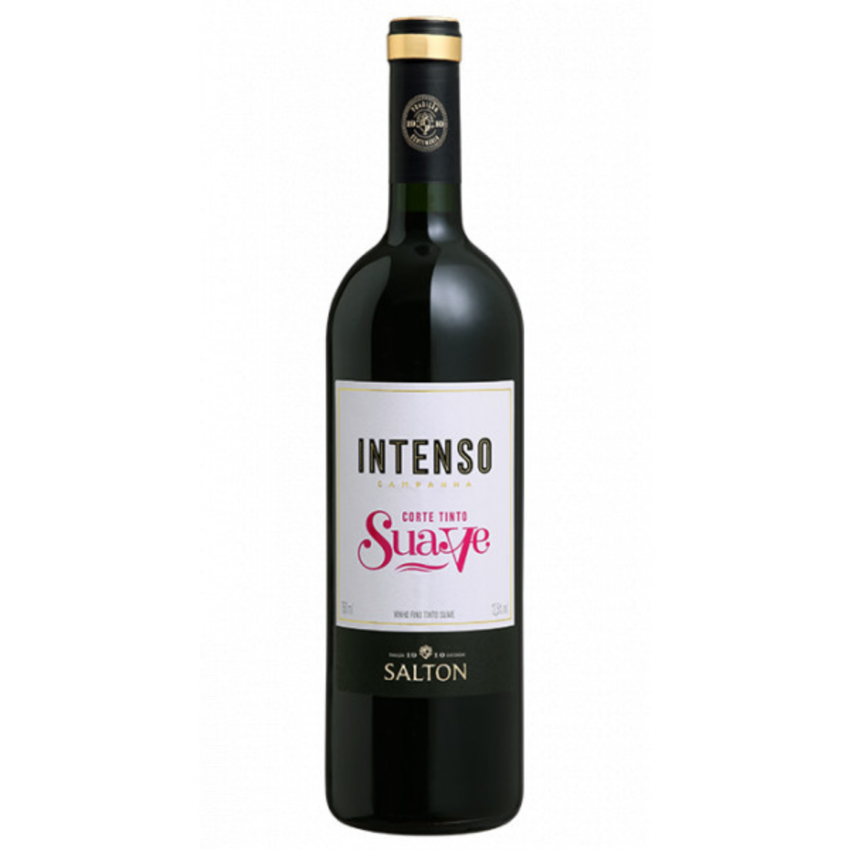 Garrafa de Vinho Corte Tinto Suave Intenso Salton 750 ml, com rótulo branco e rosa.