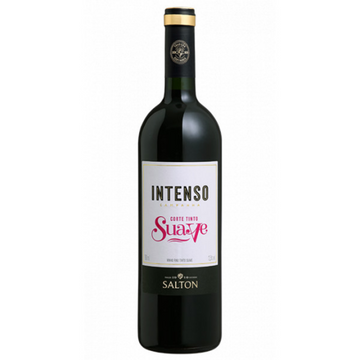 Garrafa de Vinho Corte Tinto Suave Intenso Salton 750 ml, com rótulo branco e rosa.