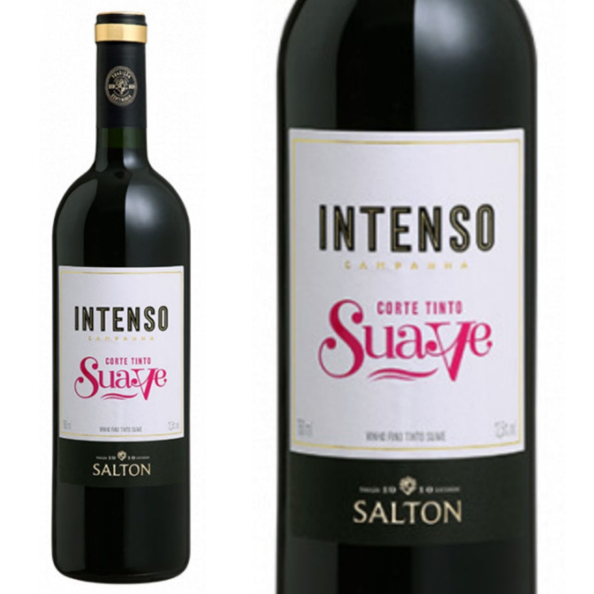 Garrafa e detalhe do rótulo do Vinho Corte Tinto Suave Intenso Salton.