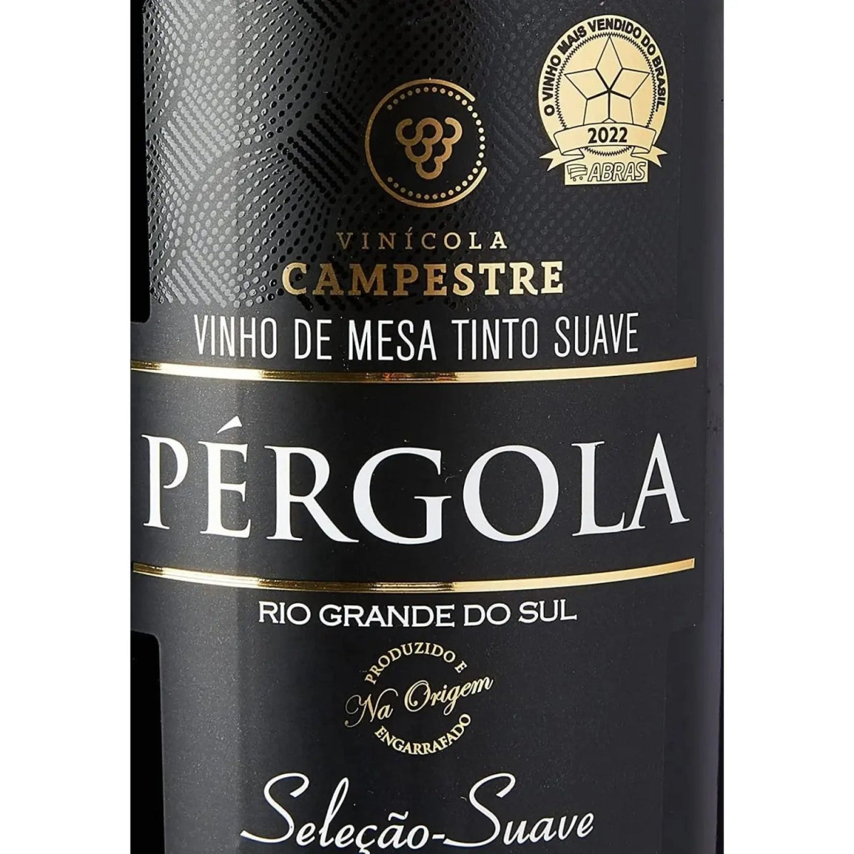 Detalhe do rótulo do vinho de mesa tinto suave Pérgola, da Vinícola Campestre.