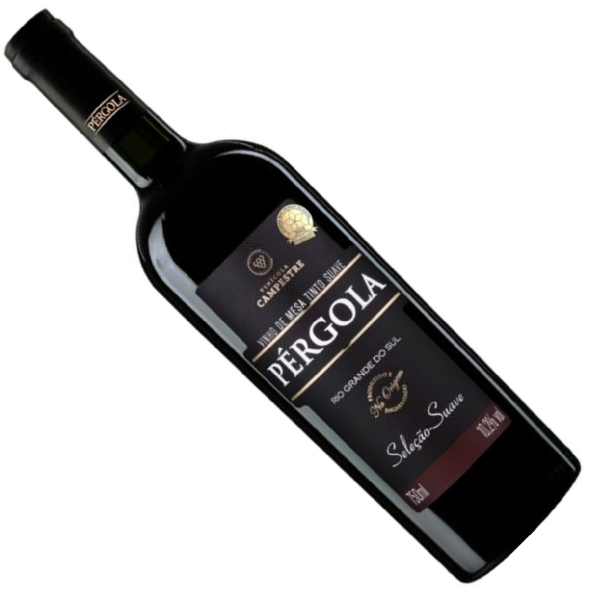 Garrafa de vinho tinto suave Pérgola Seleção inclinada, com rótulo preto.