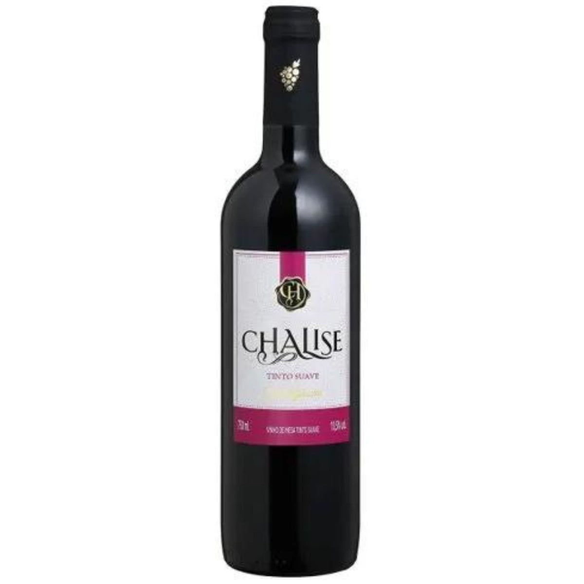 Garrafa escura do vinho tinto suave Chalise, com rótulo branco e magenta.