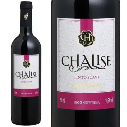 Garrafa Chalise tinto suave de 750 ml ao lado de um close do rótulo, que indica 10,5% vol.