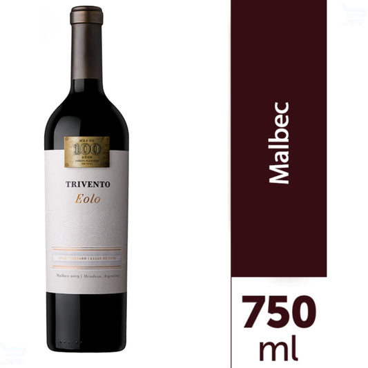 Garrafa de vinho Trivento Eolo Malbec ao lado da indicação de volume 750 ml.