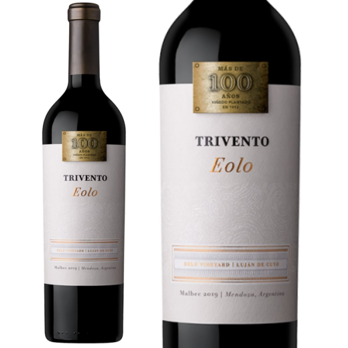 Garrafa Trivento Eolo Malbec e detalhe do rótulo com a marca e a linha Eolo.