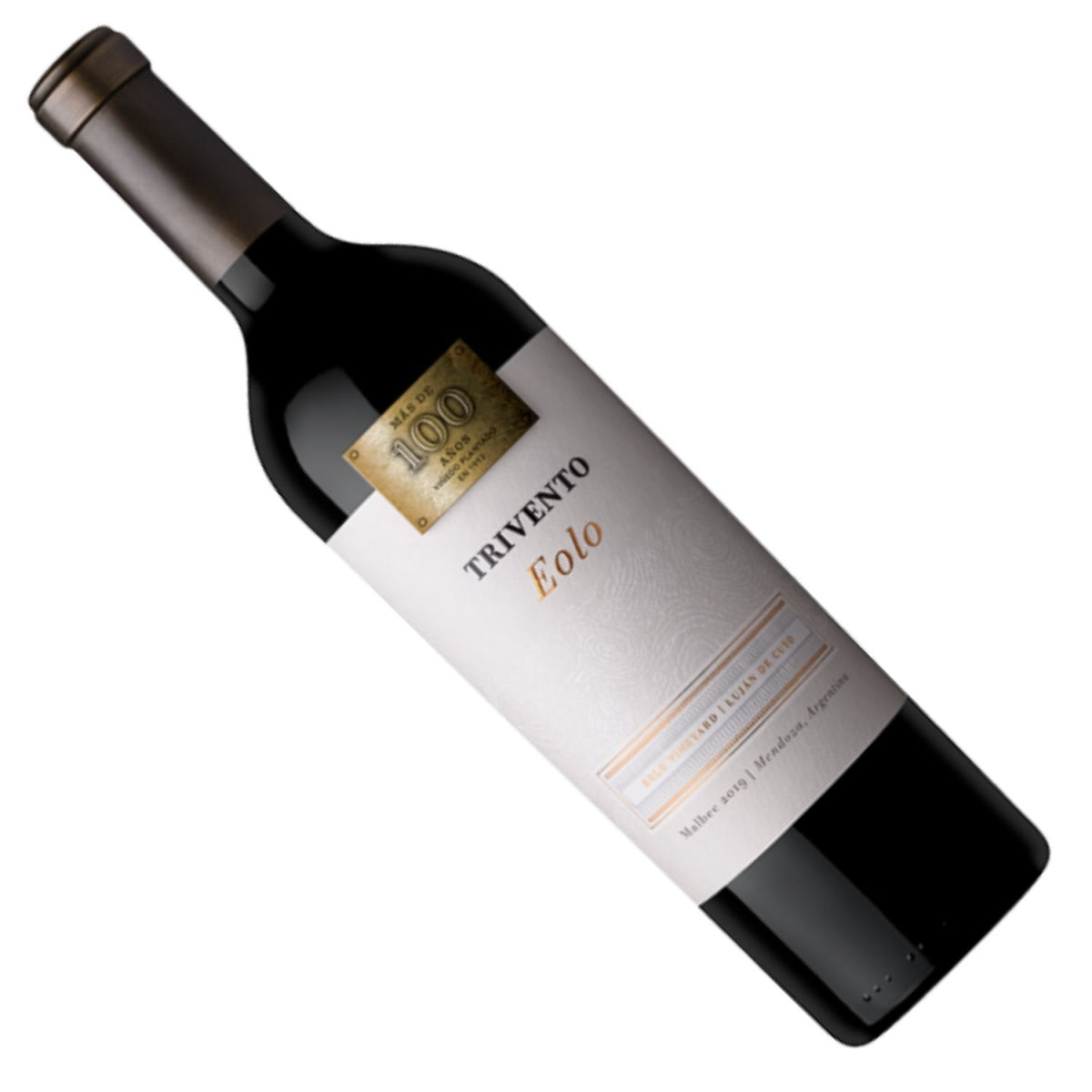 Garrafa de vinho Trivento Eolo Malbec inclinada, mostrando o rótulo frontal.
