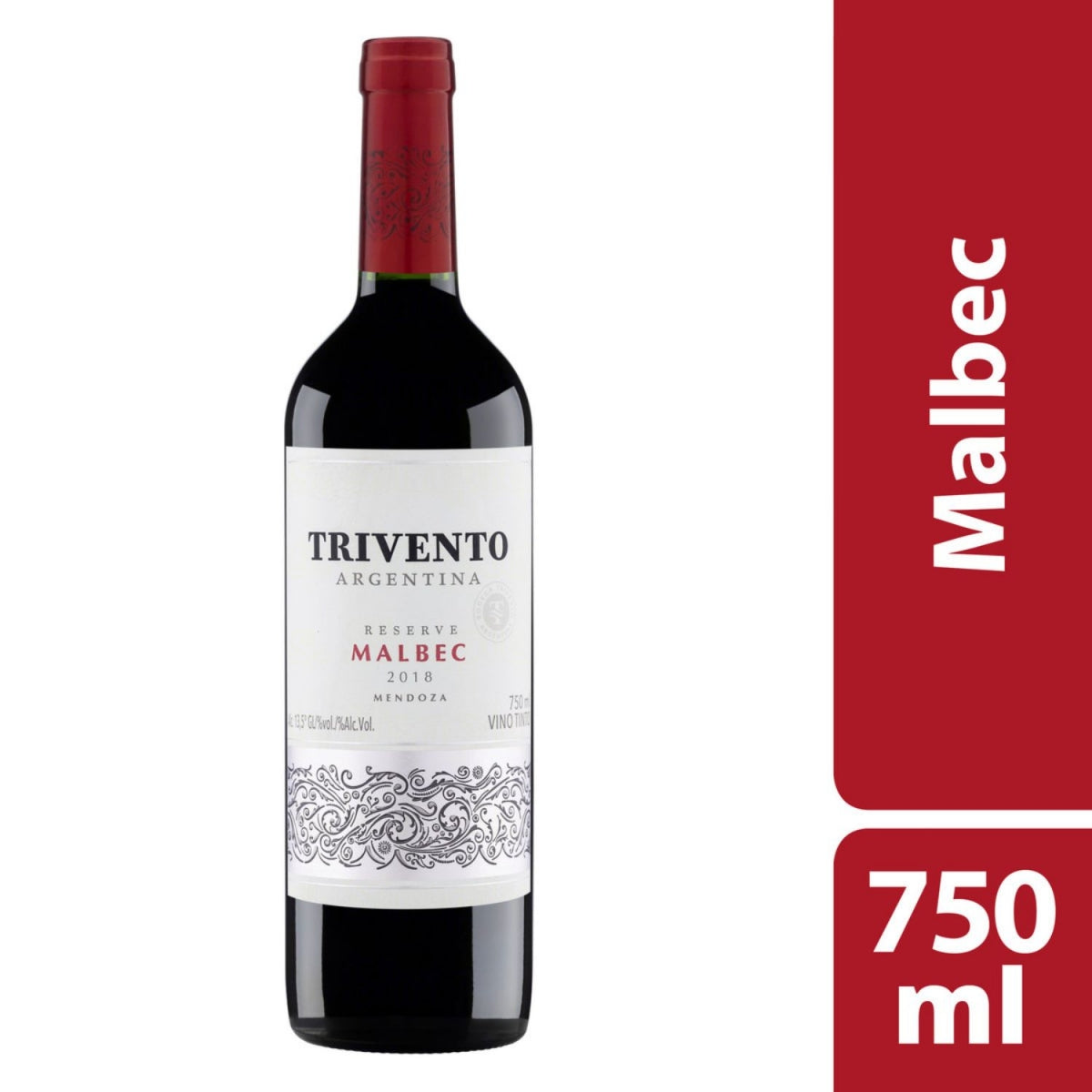 Garrafa de vinho Trivento Reserva Malbec com rótulo branco e cápsula vermelha; imagem destaca Malbec e 750 ml.